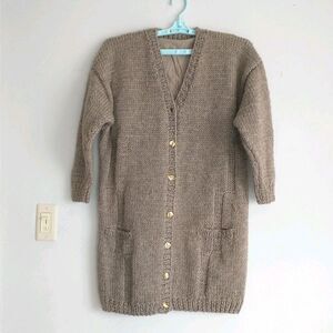 Vtg Cardigan Sweater Womens L Beige Hand Knit Pocket Grandpa Chunky Gold Tone